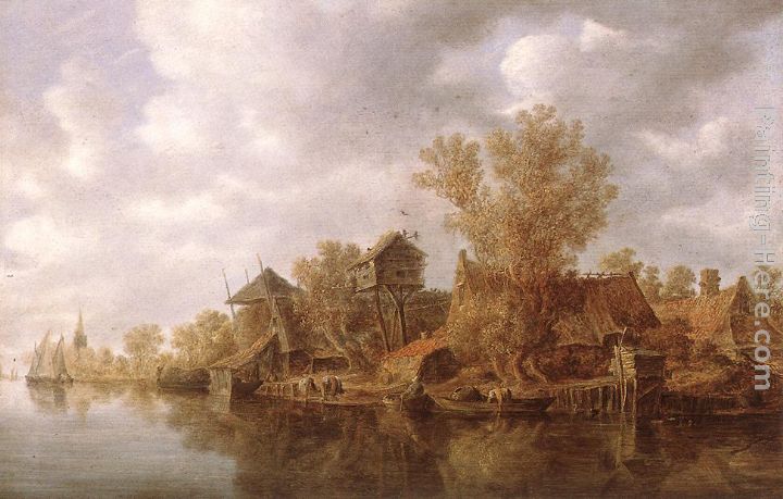 Village at the River painting - Jan van Goyen Village at the River art painting